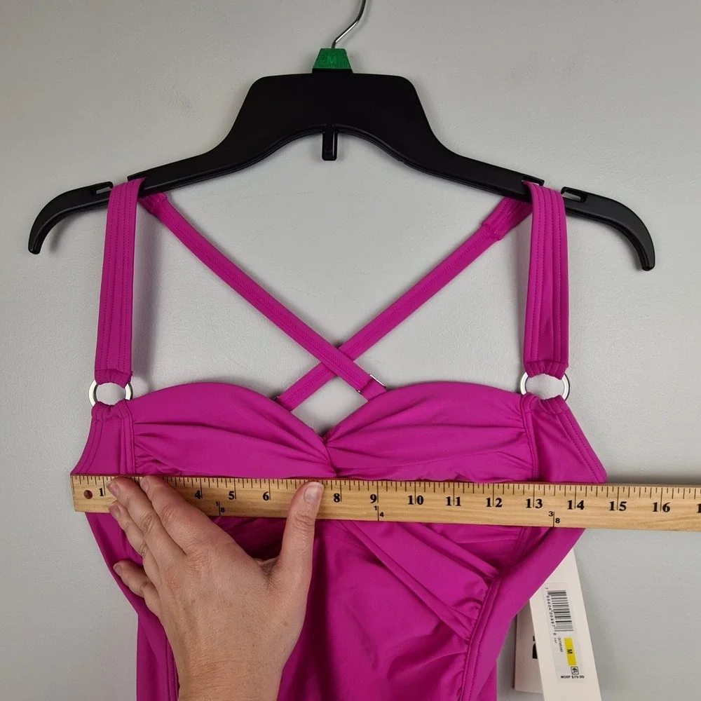 DKNY Women's Twist-Front One-Piece Swimsuit Carnation Pink Medium Tummy Compress - Picture 9 of 11